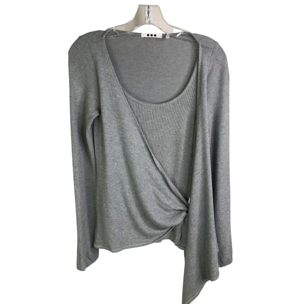 Three Dots Sweater Womens Size XS‎ Gray Wrap Front Tie Long Sleeve Scoopneck